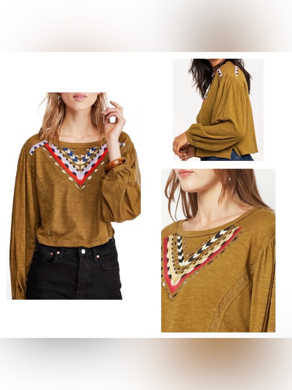 NWT Free People Hand Me Down Embroidered Long Sleeve Top In Moss